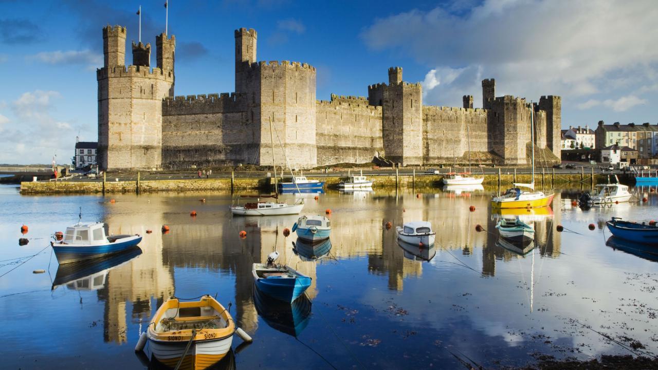 Caernarfon castle overlooking the Menai straits, Wales